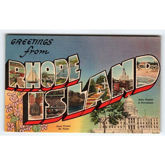Greetings From Rhode Island Large Big Letter Postcard Linen Unused Tichnor Bros - Picture 1 of 2